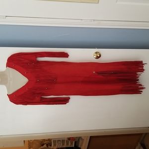Vintage Ren Ellis Lamb Suede Fringe Dress Red Small Ultra Soft